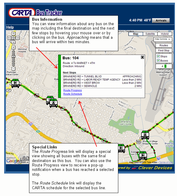 Bus Information - You can view information about any bus on the map including the final destination and the next few stops by clicking on the bus. Special Links - The Route Progress link will display a special view showing all buses with the same final destination as this bus.  You can also use that view to receive a pop-up notification when a bus has reached a selected stop. The Route Schedule link will display the Metra schedule for the selected bus line.